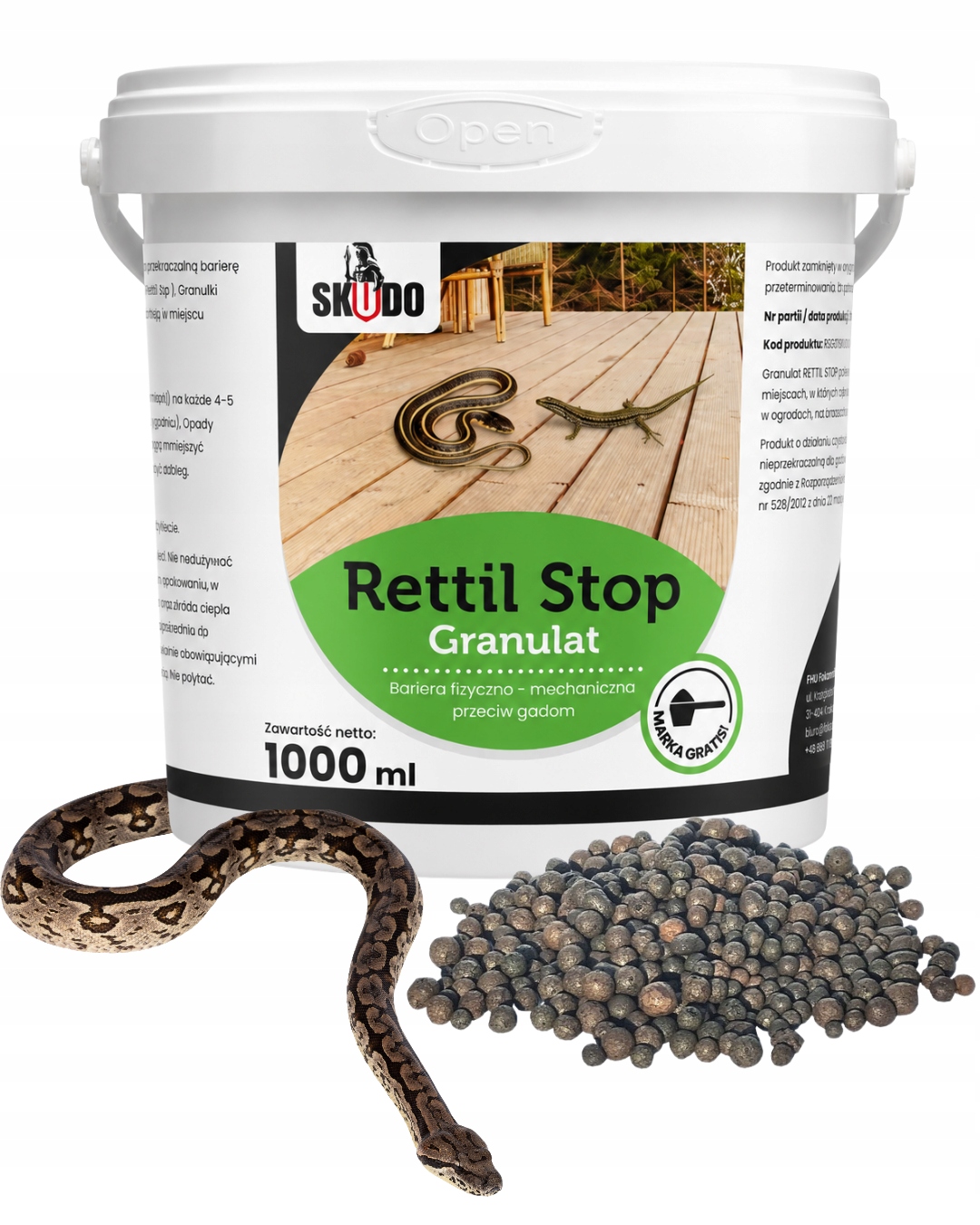 Granule proti hadom, jaštericiam a obojživelníkom 1000 ml vytvárajú pachovú bariéru okolo záhrady a domu. Jednoduchá aplikácia, pokrytie až 80 m².