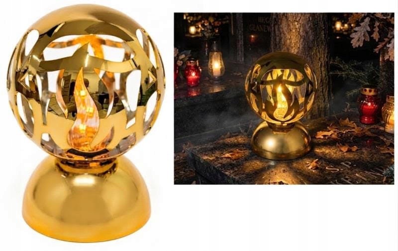Veľký LED náhrobný lampáš v tvare zlatej gule, 24 cm