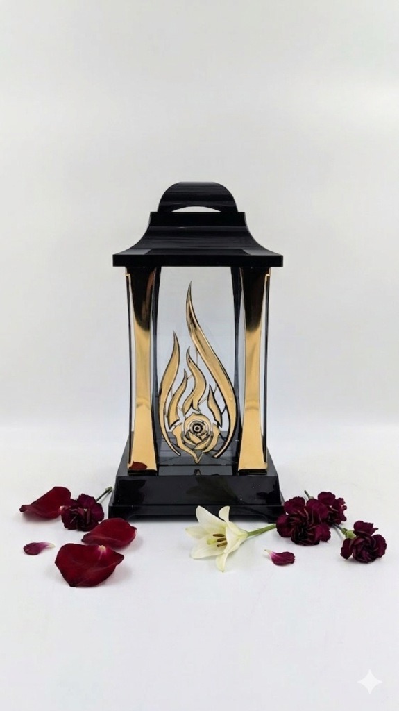 Čierny náhrobný lampáš so zlatým plameňom a ružou | elegantný dizajn