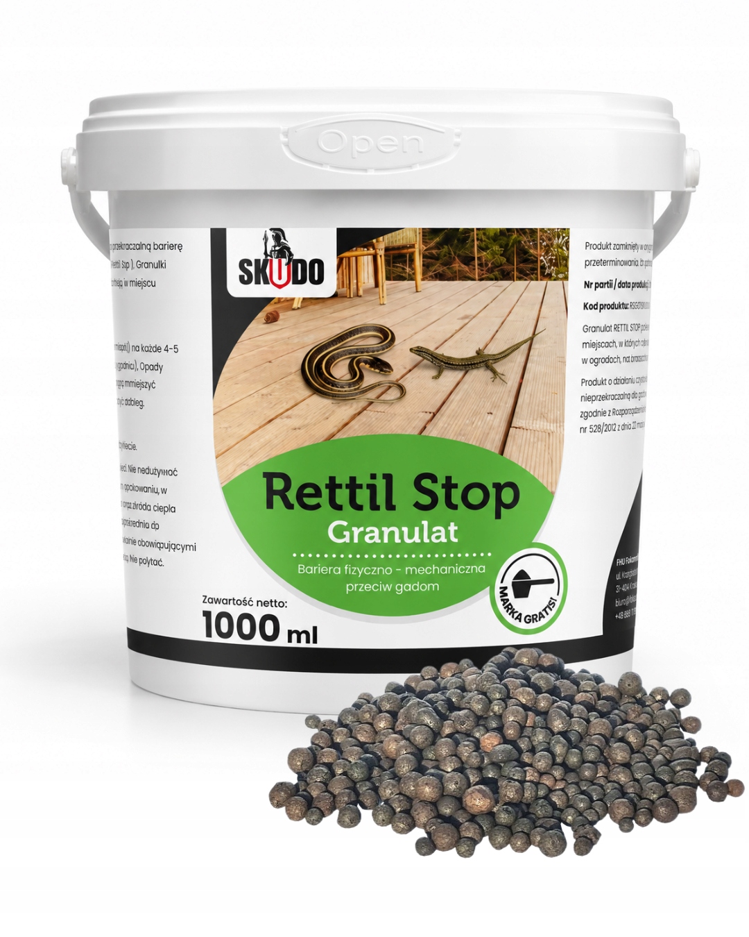 Granule proti hadom, jaštericiam a obojživelníkom 1000 ml vytvárajú pachovú bariéru okolo záhrady a domu. Jednoduchá aplikácia, pokrytie až 80 m².