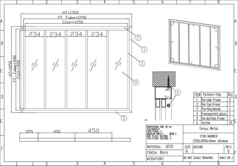 pevné okno, 5 panelov, čierne priemyselné