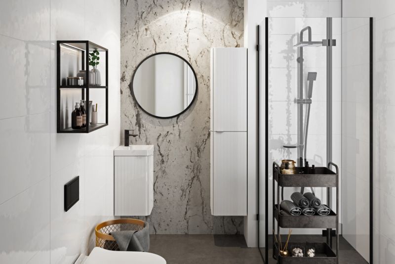 Mirano Listrado rohová skrinka s umývadlom, závesná 30 cm, biela