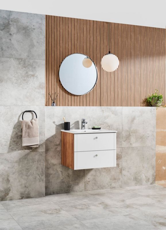 Nástenná skrinka Mirano Azzura s umývadlom, 60 cm, biela lesklá / dub