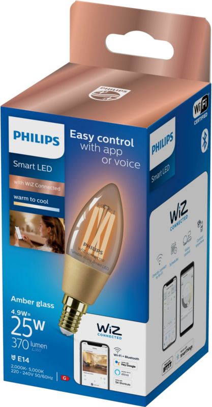 Inteligentná LED žiarovka Philips C35 E14 2000/5000 K jantárová