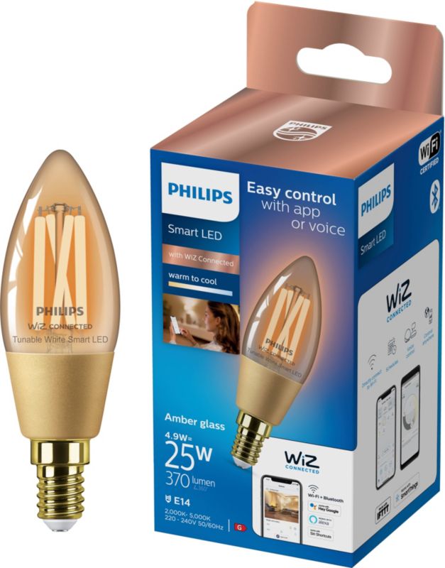 Inteligentná LED žiarovka Philips C35 E14 2000/5000 K jantárová